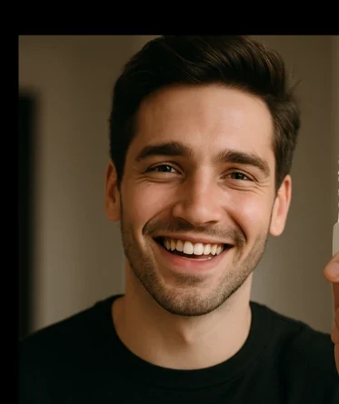Jovem celebrando a conquista do primeiro imóvel